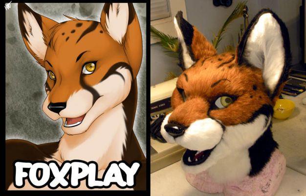 This is a comparison shot showing the fursuit head with the artwork.  Original art by HMO.
